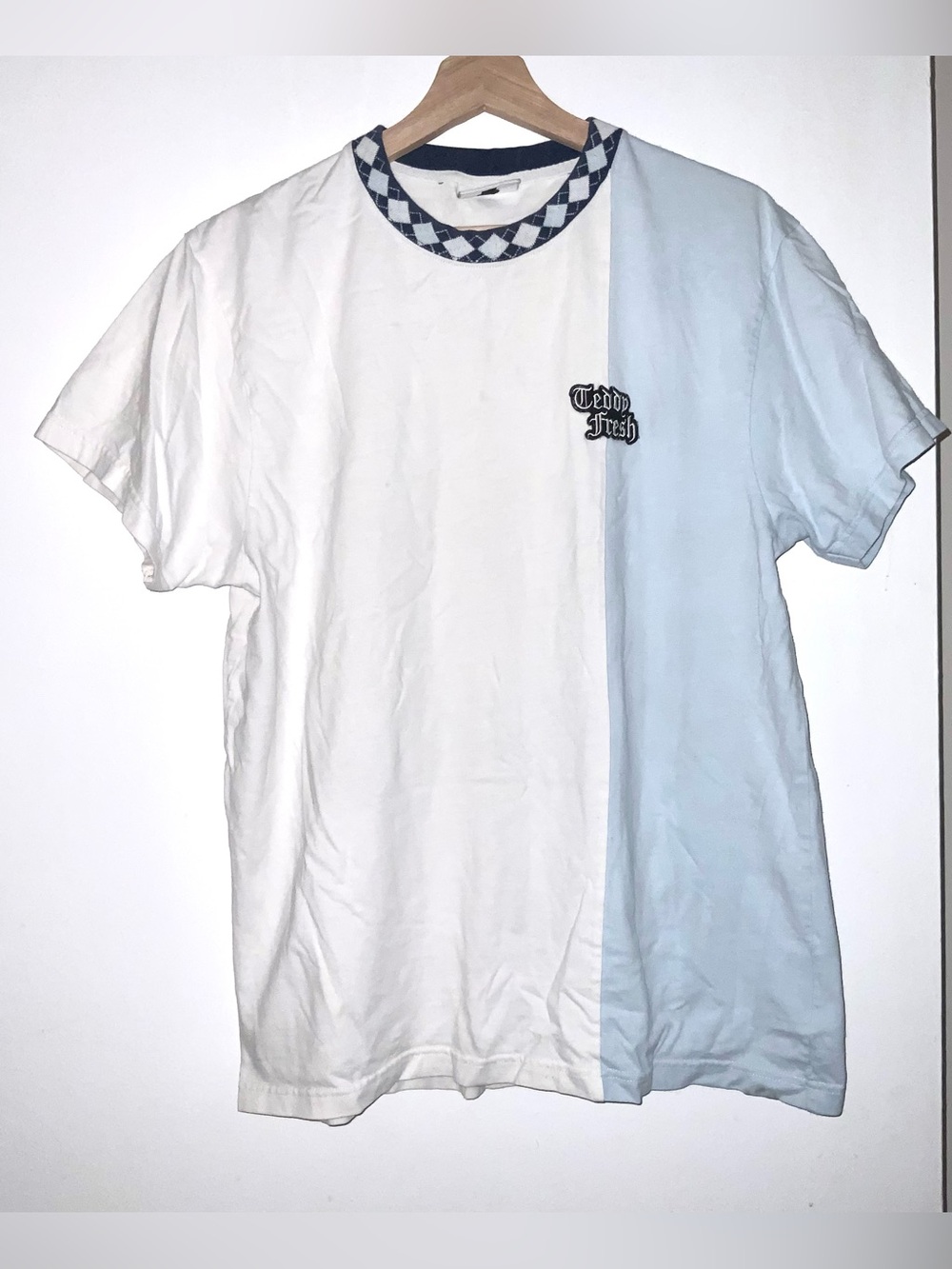 Teddy Fresh Men's Half White Half Light Blue Tee with Checkered Collar